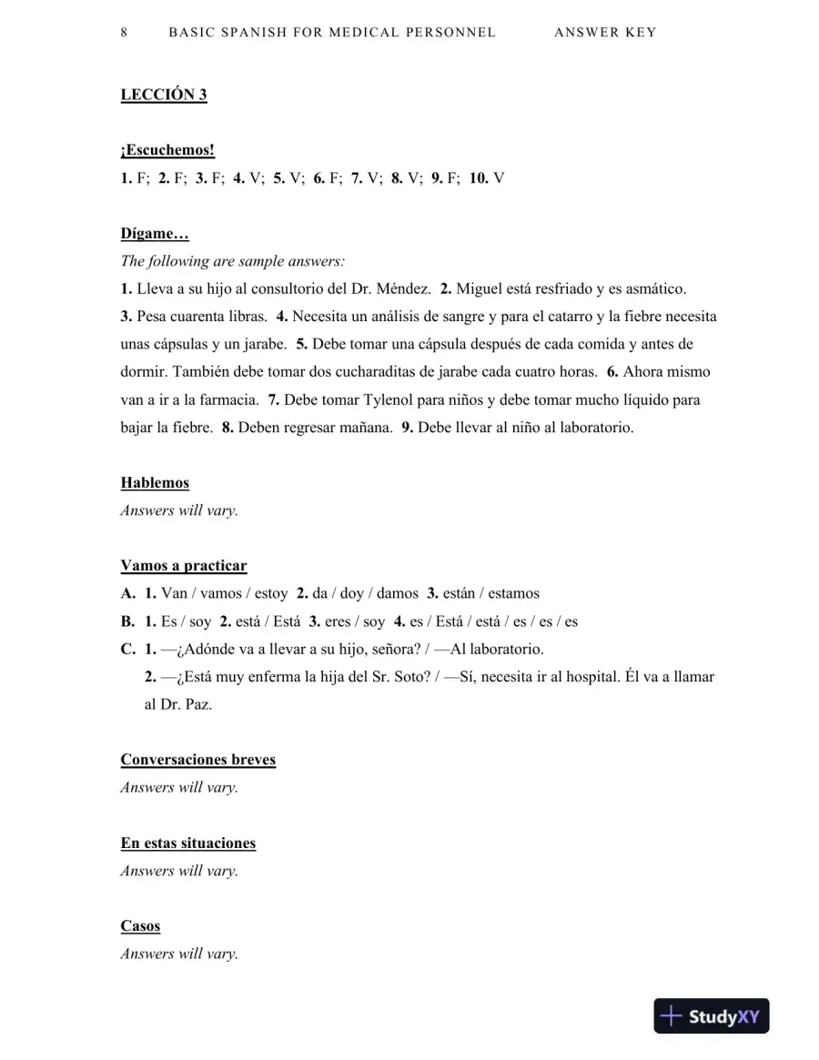 Solution Manual For Basic Spanish for Medical Personnel, Enhanced, 2nd Edition, page 9