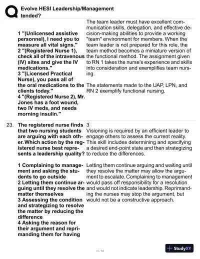 HESI Evolve Leadership/Management Practice Exam with Answers (114 Solved Questions) - Page 11 preview image