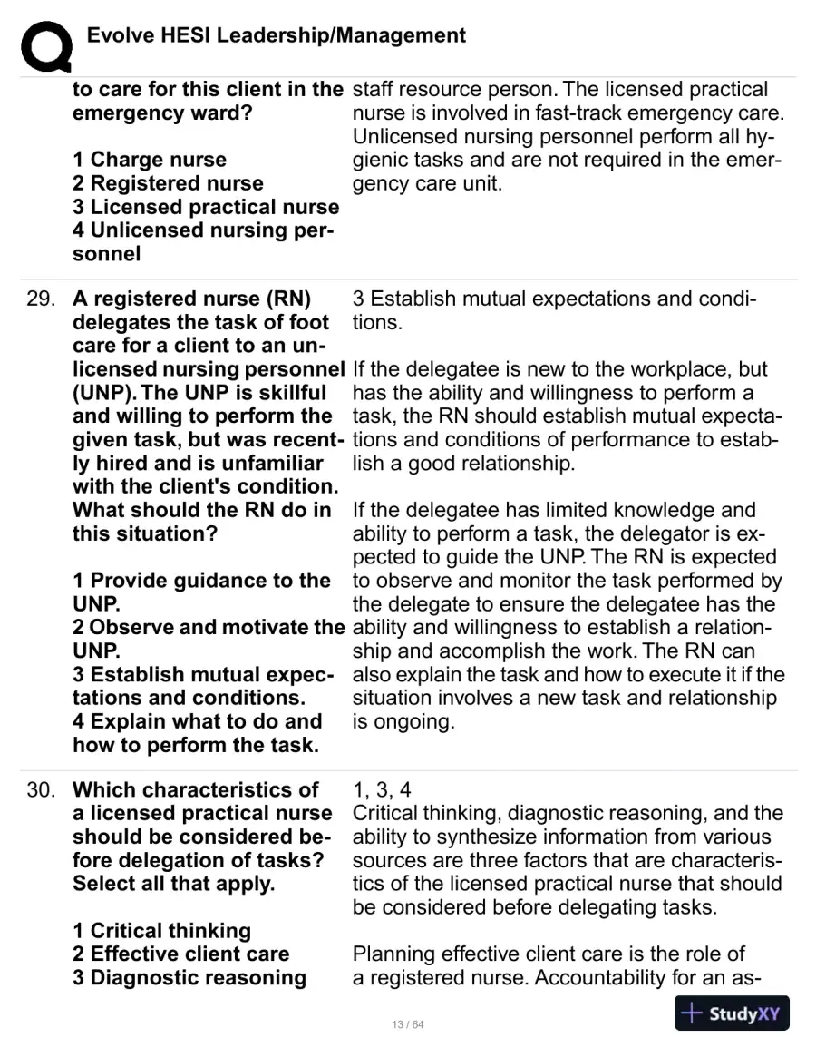 HESI Evolve Leadership/Management Practice Exam with Answers (114 Solved Questions), page 14