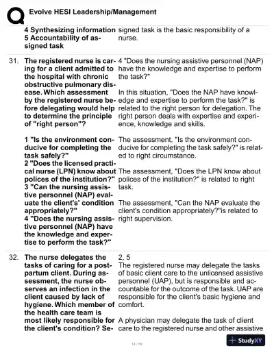 HESI Evolve Leadership/Management Practice Exam with Answers (114 Solved Questions) - Page 15 preview image