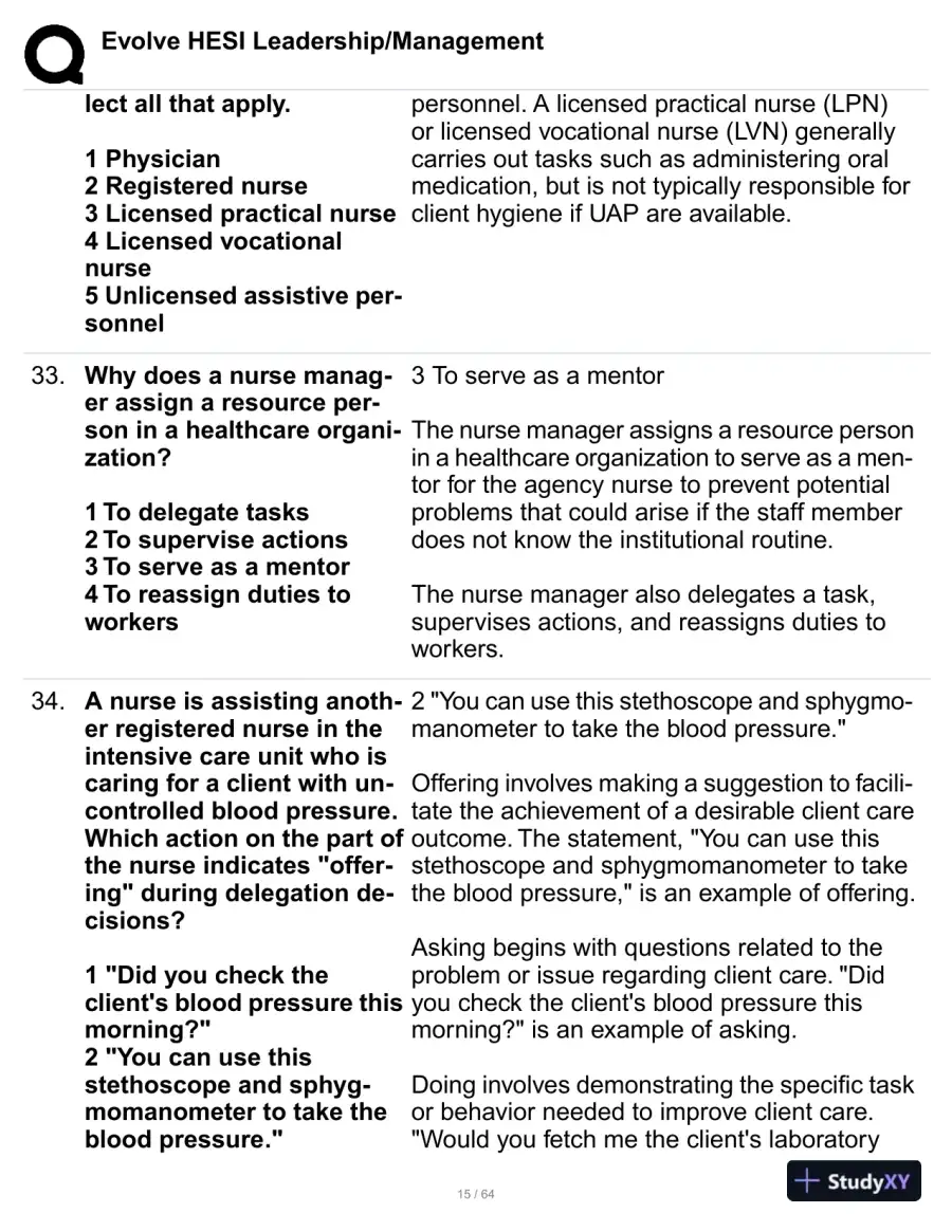 HESI Evolve Leadership/Management Practice Exam with Answers (114 Solved Questions), page 16