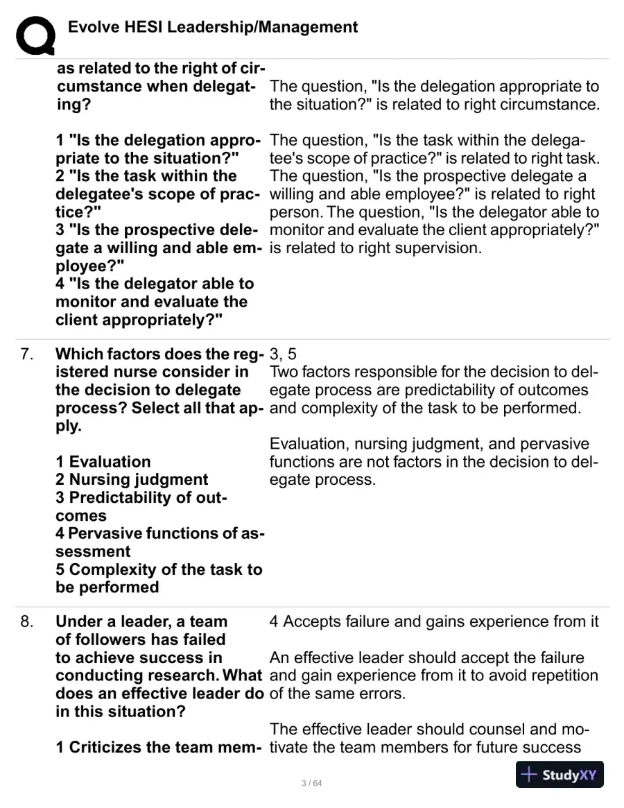 HESI Evolve Leadership/Management Practice Exam with Answers (114 Solved Questions), page 4