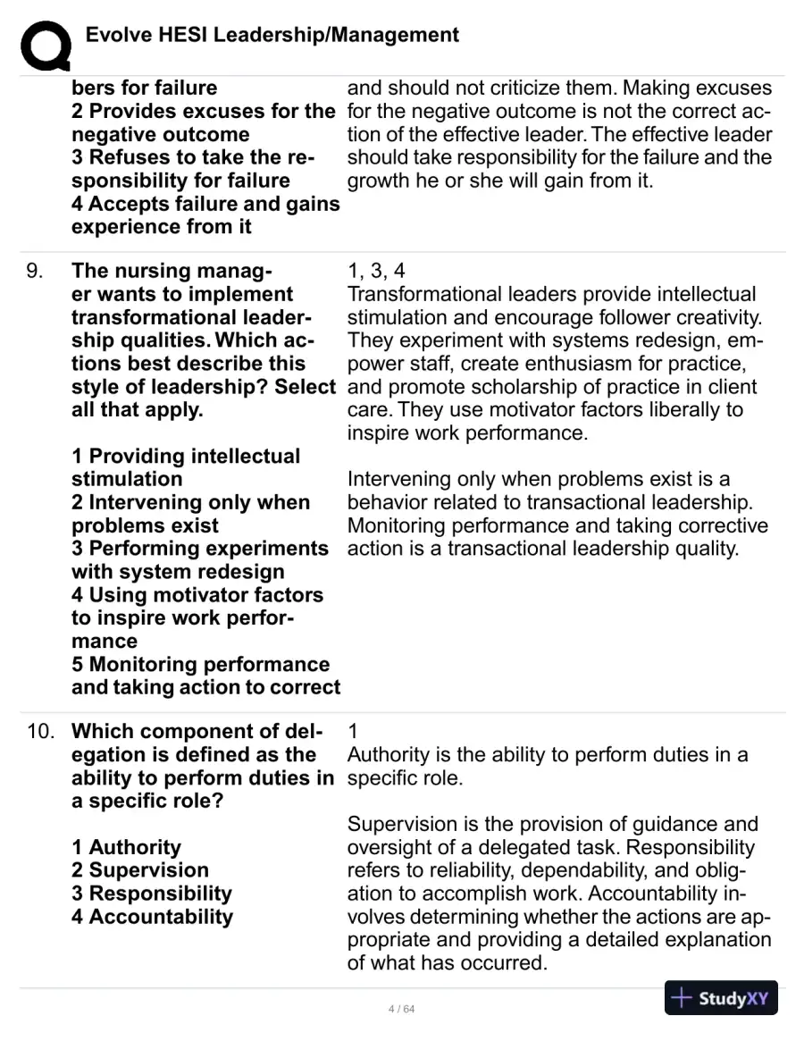 HESI Evolve Leadership/Management Practice Exam with Answers (114 Solved Questions), page 5
