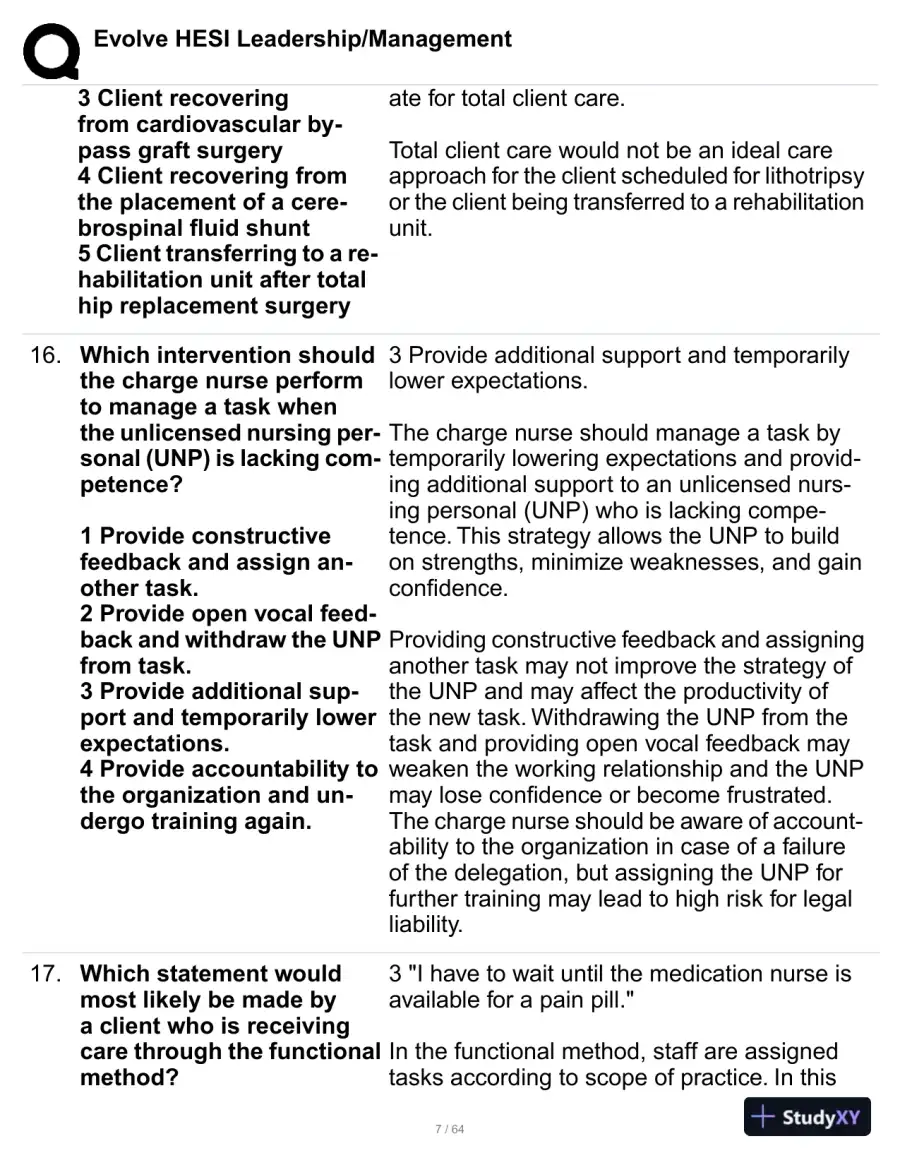 HESI Evolve Leadership/Management Practice Exam with Answers (114 Solved Questions), page 8
