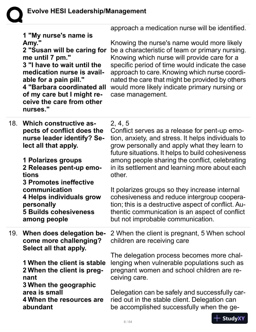 HESI Evolve Leadership/Management Practice Exam with Answers (114 Solved Questions), page 9