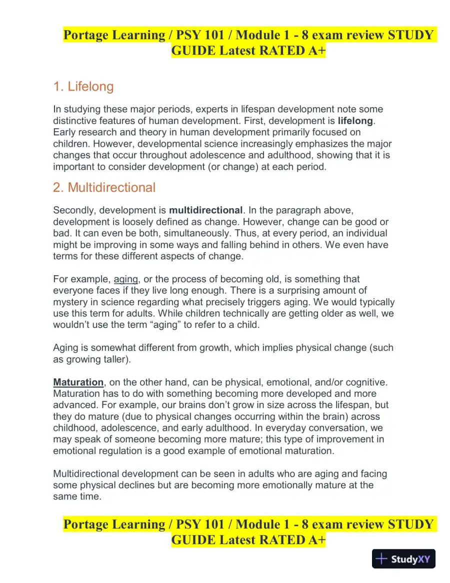 PSY101 Portage Learning Module 1-8 Exam Review Study Guide (8 Detailed Reviews), page 3