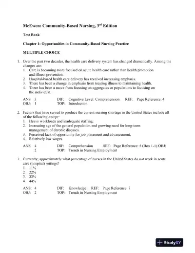 Community-Based Nursing: An Introduction, 3rd Edition Test Bank - Page 1 preview image