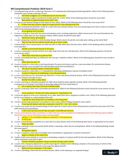 2019 RN Comprehensive Predictor Form C with Answers (135 Solved Questions) - Page 1 preview image