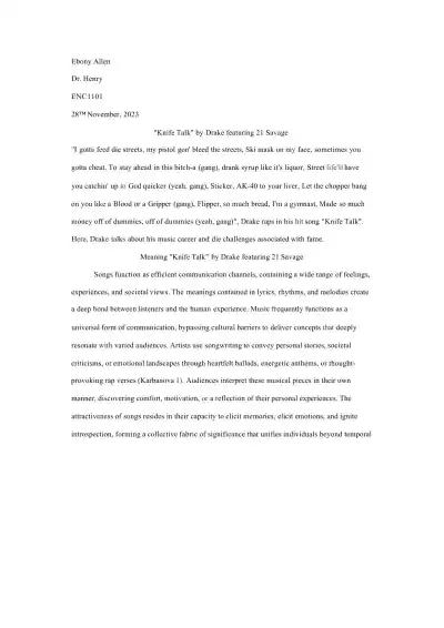 Meaning of Drake ft 21 Savage's Knife Talk (1) - Page 1 preview image