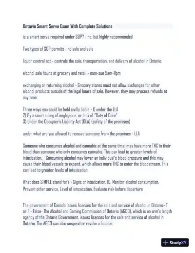 Ontario Smart Serve Pharmacology Practice Exam With Answers (53 Solved Questions) - Page 1 preview image