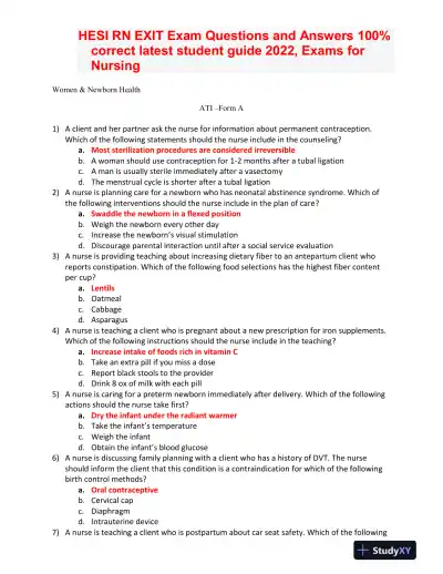 2022 HESI RN Women and Newborn Health Exit Exam Form A With Answers (70 Solved Questions) - Page 1 preview image