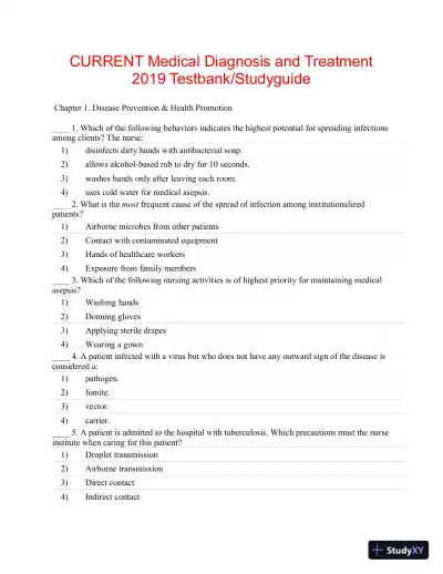 Test Bank For CURRENT Medical Diagnosis and Treatment 2019, 58th Edition - Page 1 preview image