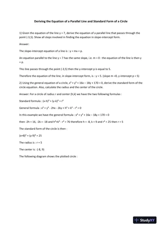 Deriving The Equation Of a Parallel Line And Standard Form Of a Circle - Page 1 preview image