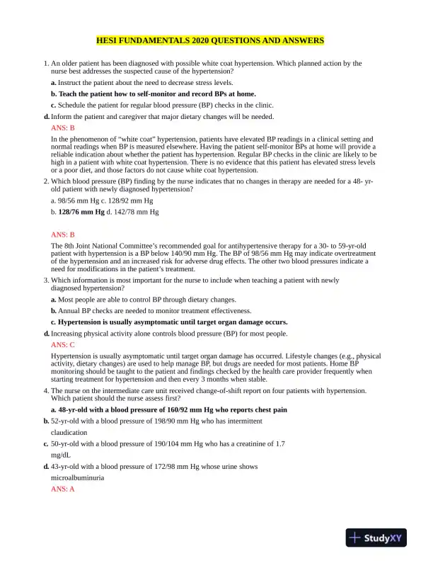 2020 HESI Fundamentals Practice Exam With Answers (5 Solved Questions) - Page 1 preview image