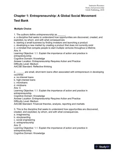 Entrepreneurship: The Practice and Mindset 1st Edition Test Bank - Page 1 preview image