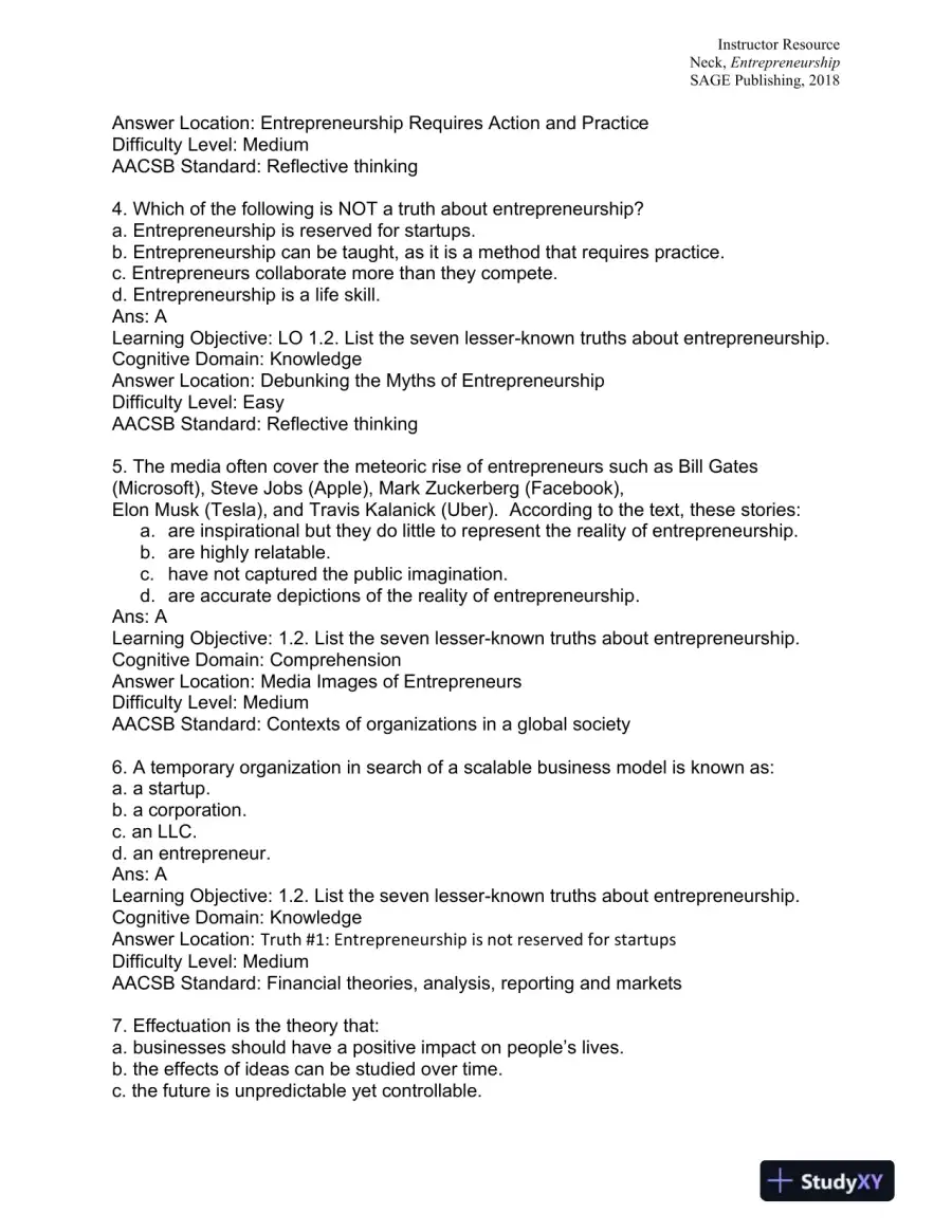 Entrepreneurship: The Practice and Mindset 1st Edition Test Bank, page 3