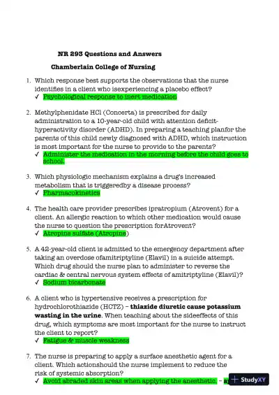 NR293 Chamberlain College of Nursing Advanced Pharmacology Practice Exam With Answers (125 Solved Questions) - Page 3 preview image