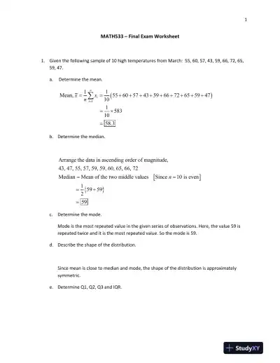 MATH533 � Final Exam Worksheet - Page 1 preview image