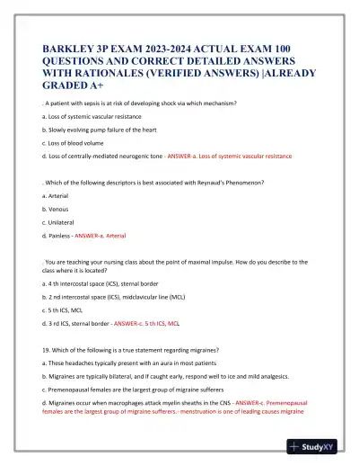 2023-2024 BARKLEY 3P Nursing Diagnosis Actual Exam With Answers (101 Solved Questions) - Page 1 preview image