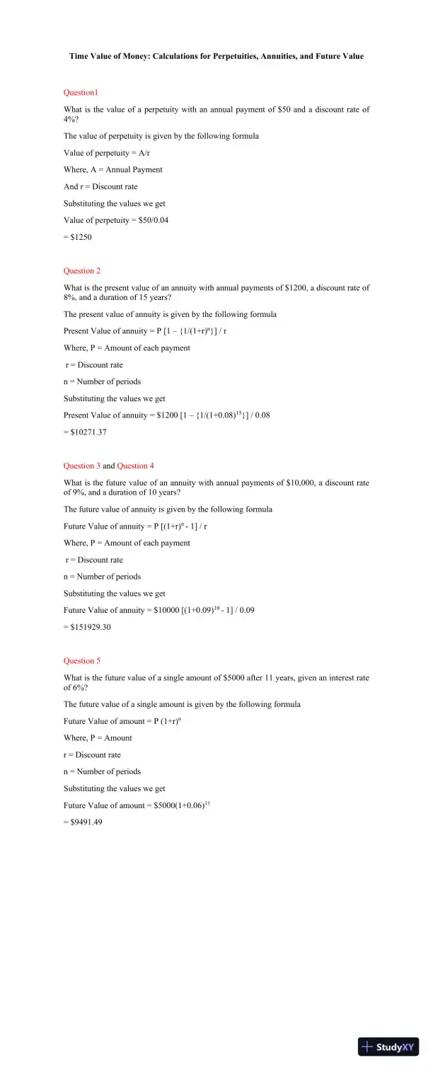 Time Value Of Money: Calculations For Perpetuities, Annuities, And Future Value - Page 1 preview image