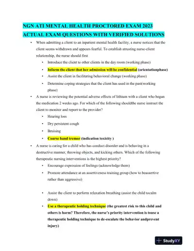 2023 ATI Mental Health Proctored Exam with Answers (59 Solved Questions) - Page 1 preview image