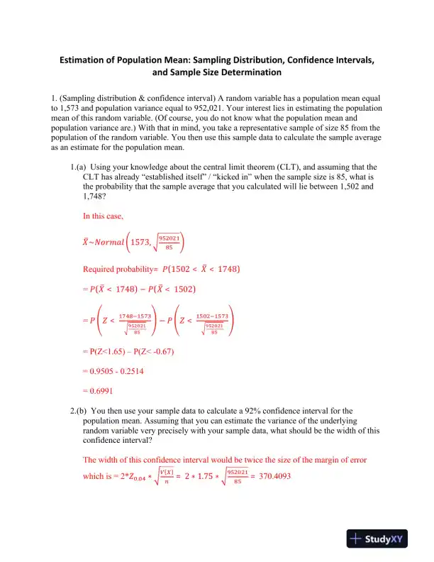 Estimation of Population Mean: Sampling Distribution, Confidence Intervals, and Sample Size Determination - Page 1 preview image