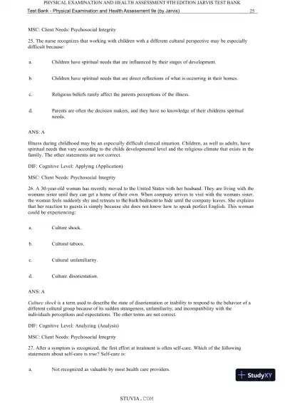 Test Bank for Physical Examination and Health Assessment, 9th Edition (Chapters 1-15) - Page 27 preview image