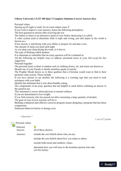 Liberty University CLST 100 Quiz 3 Complete Solutions Correct Answers Key - Page 1 preview image