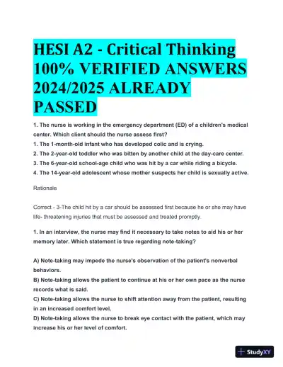 2024-2025 HESI A2 Critical Thinking with Answers (124 Solved Questions) - Page 1 preview image