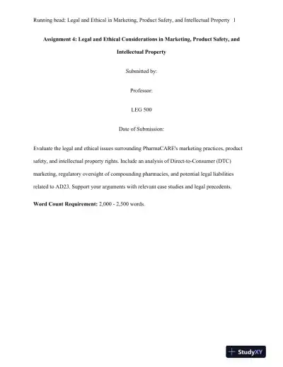 Assignment 4: Legal and Ethical Considerations in Marketing, Product Safety, and Intellectual Property - Page 1 preview image