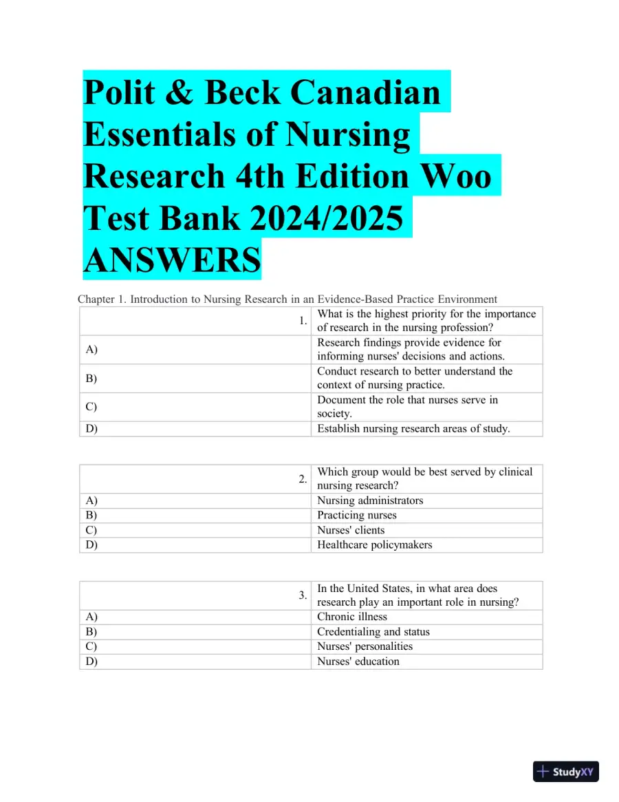 Test Bank for Polit & Beck Canadian Essentials of Nursing Research, 4th Edition (Chapters 1-18), page 4