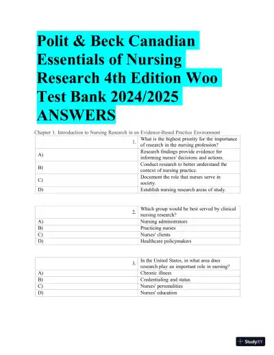Test Bank for Polit & Beck Canadian Essentials of Nursing Research, 4th Edition (Chapters 1-18) - Page 4 preview image