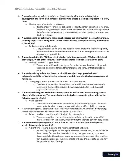 2019 RN Mental Health NGN Online Practice B with Answers (60 Solved Questions) - Page 1 preview image