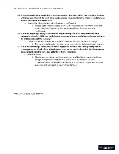 2019 RN Mental Health NGN Online Practice B with Answers (60 Solved Questions) - Page 8 preview image