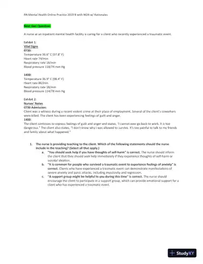 2019 RN Mental Health NGN Online Practice B with Answers (60 Solved Questions) - Page 9 preview image