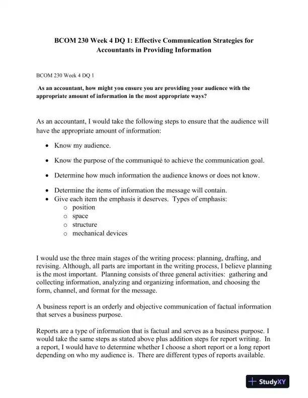 BCOM 230 Week 4 DQ 1: Effective Communication Strategies for Accountants in Providing Information - Page 1 preview image