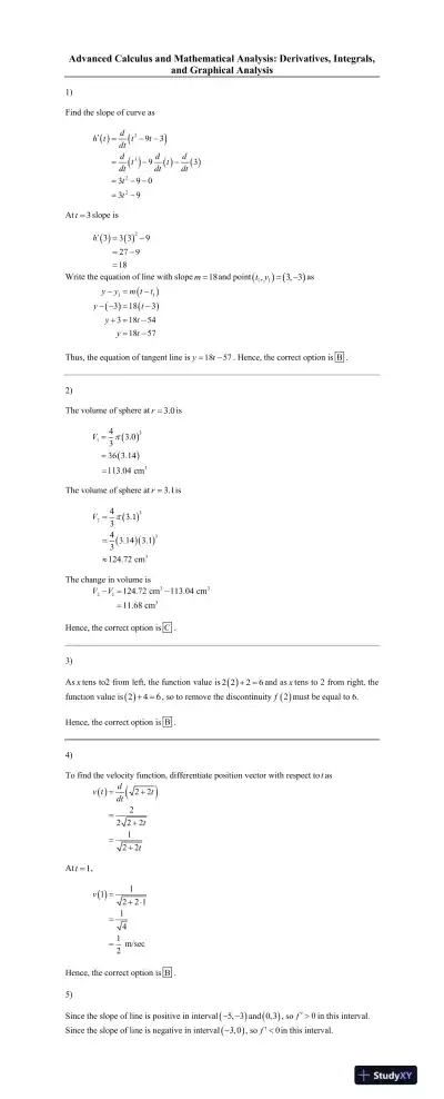 Advanced Calculus and Mathematical Analysis: Derivatives, Integrals, and Graphical Analysis - Page 1 preview image