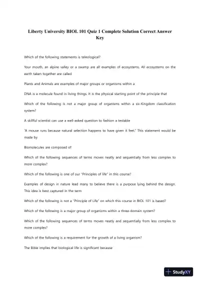 Liberty University BIOL 101 Quiz 1 Complete Solution Correct Answer Key - Page 1 preview image
