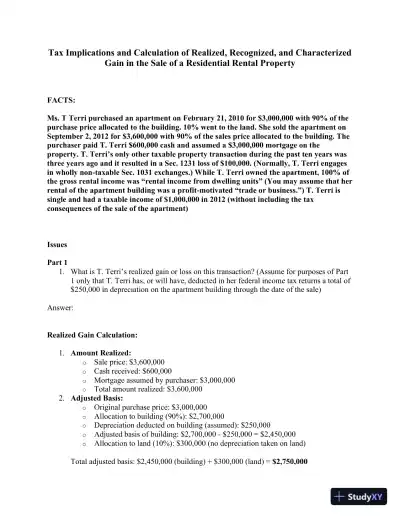 Tax Implications And Calculation Of Realized, Recognized, And Characterized Gain In The Sale Of a Residential Rental Property - Page 1 preview image
