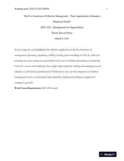 MGT 330 � Management for Organizations The Five Functions of Effective Management : Their Applications in Business - Page 1 preview image