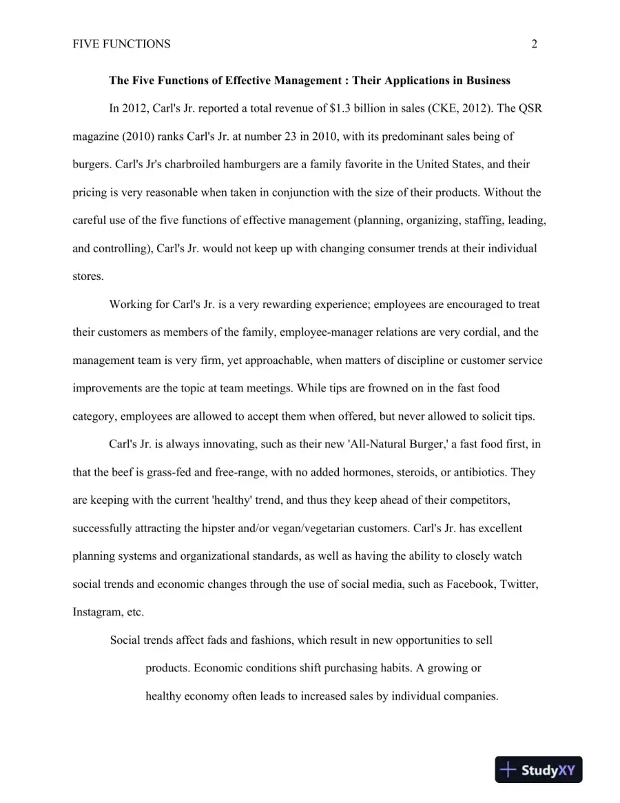 MGT 330 � Management for Organizations The Five Functions of Effective Management : Their Applications in Business, page 4