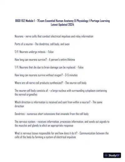 2024 BIOD 152 - Portage Learning Anatomy and Physiology Module 1-7 Exam With Answers (139 Solved Questions) - Page 1 preview image