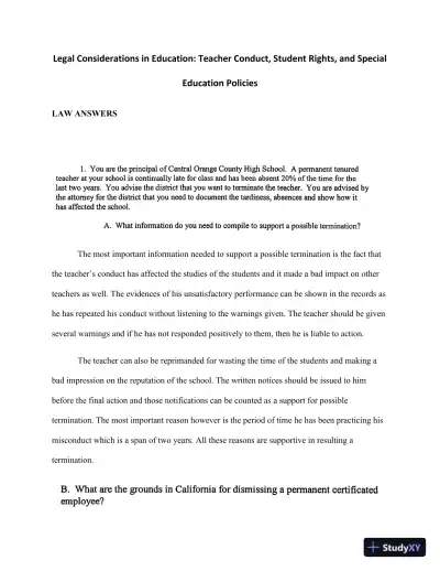 Legal Considerations In Education: Teacher Conduct, Student Rights, And Special Education Policies - Page 1 preview image