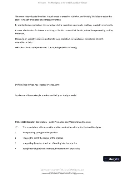 Test Bank for Fundamentals of Nursing, 10th Edition (Chapters 1-11) - Page 15 preview image