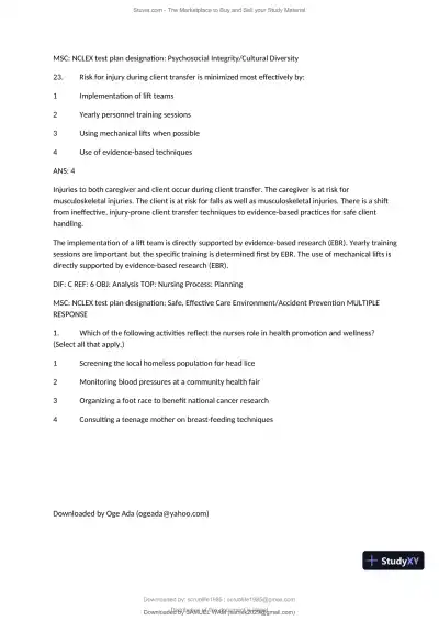 Test Bank for Fundamentals of Nursing, 10th Edition (Chapters 1-11) - Page 21 preview image