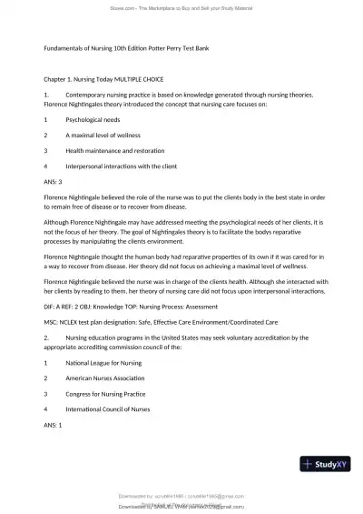 Test Bank for Fundamentals of Nursing, 10th Edition (Chapters 1-11) - Page 3 preview image