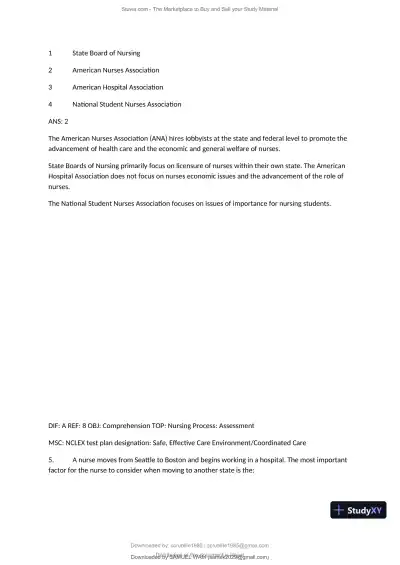 Test Bank for Fundamentals of Nursing, 10th Edition (Chapters 1-11) - Page 5 preview image