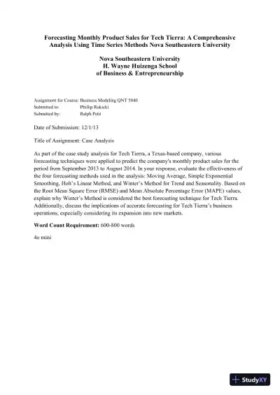 Forecasting Monthly Product Sales for Tech Tierra: A Comprehensive Analysis Using Time Series Methods Nova Southeastern University - Page 1 preview image
