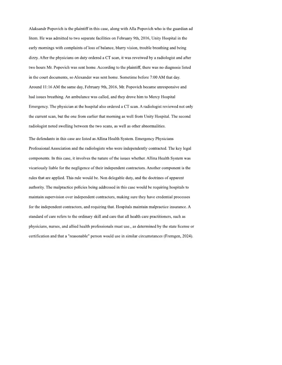 Final Project Milestone One Malpractice Case, page 2