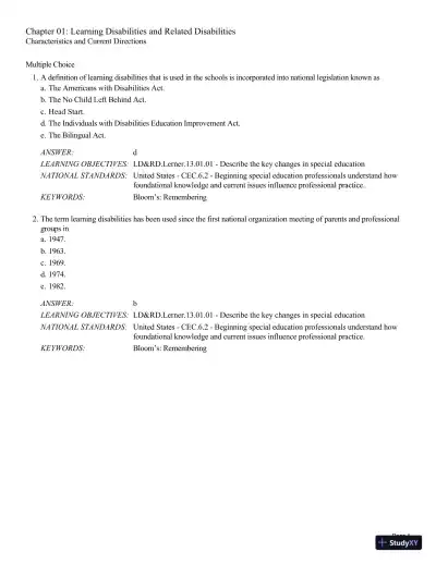 Test Bank For Learning Disabilities and Related Disabilities: Strategies for Success 13th Edition Test Bank - Page 1 preview image